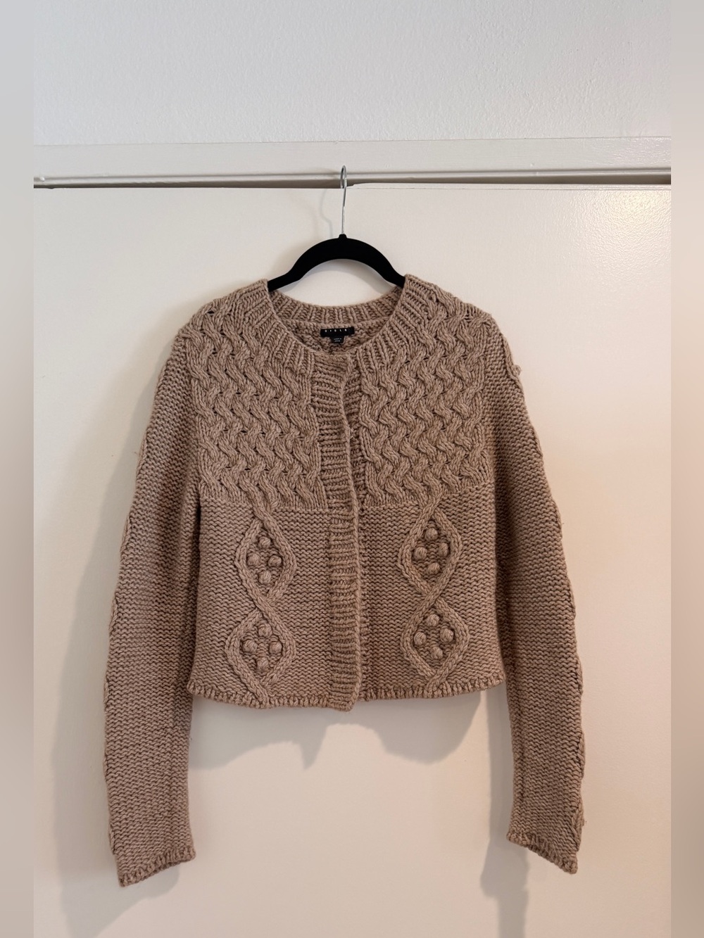Beige Tan Brown Cardigan Knit Sweater by Sisley Wool Blend Cable Chunky Knit S